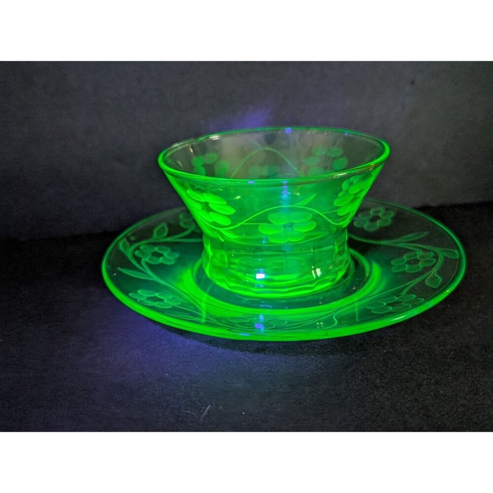 Vintage Green Uranium Glass Bowl & Saucer With Floral Etching